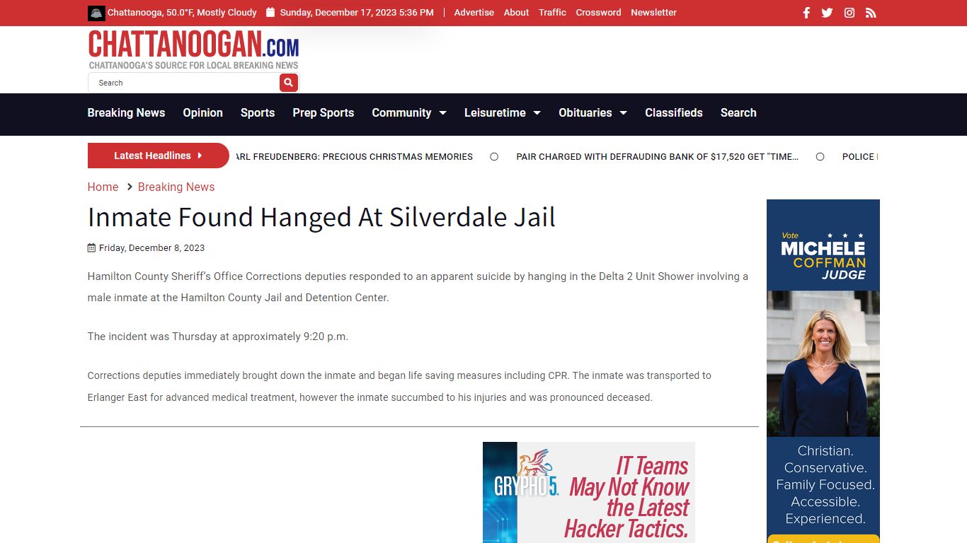 Inmate Found Hanged At Silverdale Jail - Chattanoogan.com